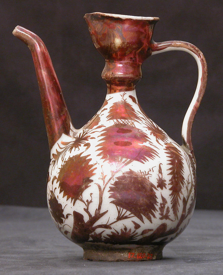 Ewer, Stonepaste; luster-painted on an opaque white glaze under transparent colorless glaze 
