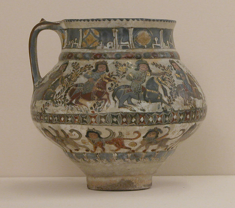 Ewer with Horsemen and Sphinxes, Stonepaste; polychrome inglaze and overglaze painted and gilded on opaque white glaze (mina'i). 