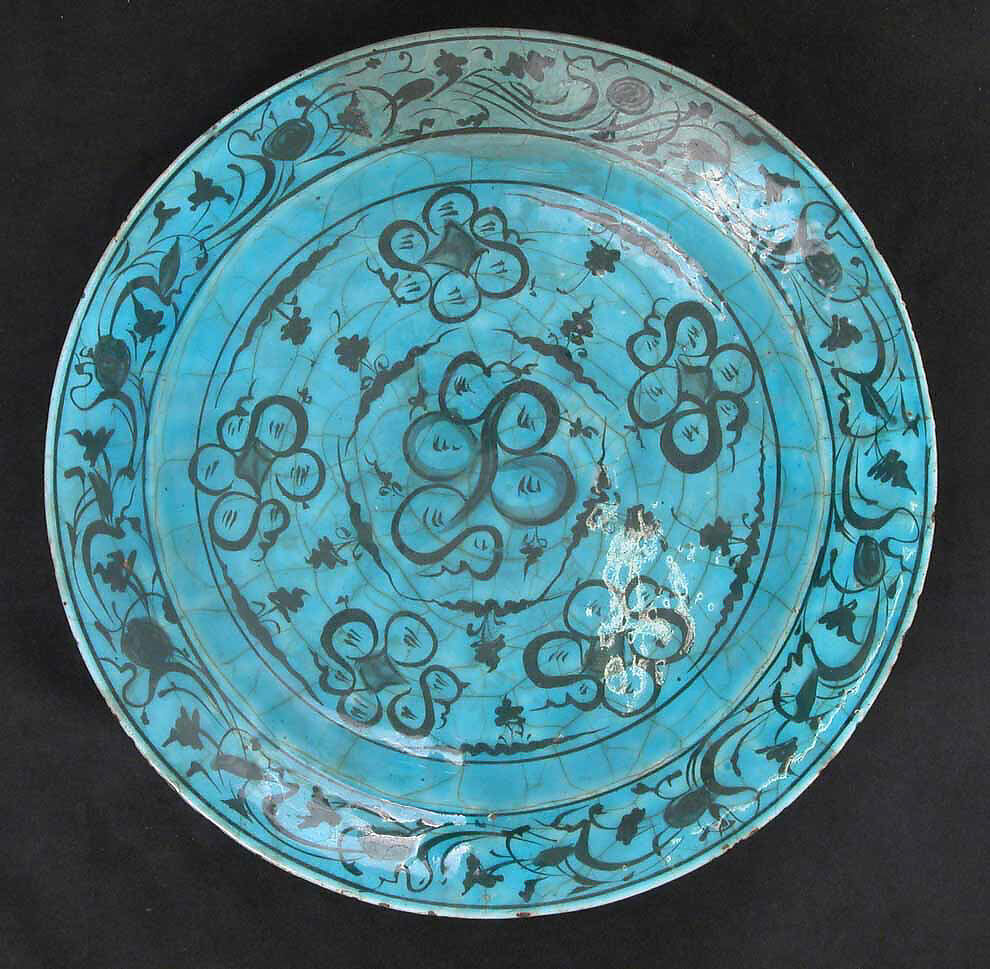 Dish, Stonepaste; painted in black under a turquoise glaze 