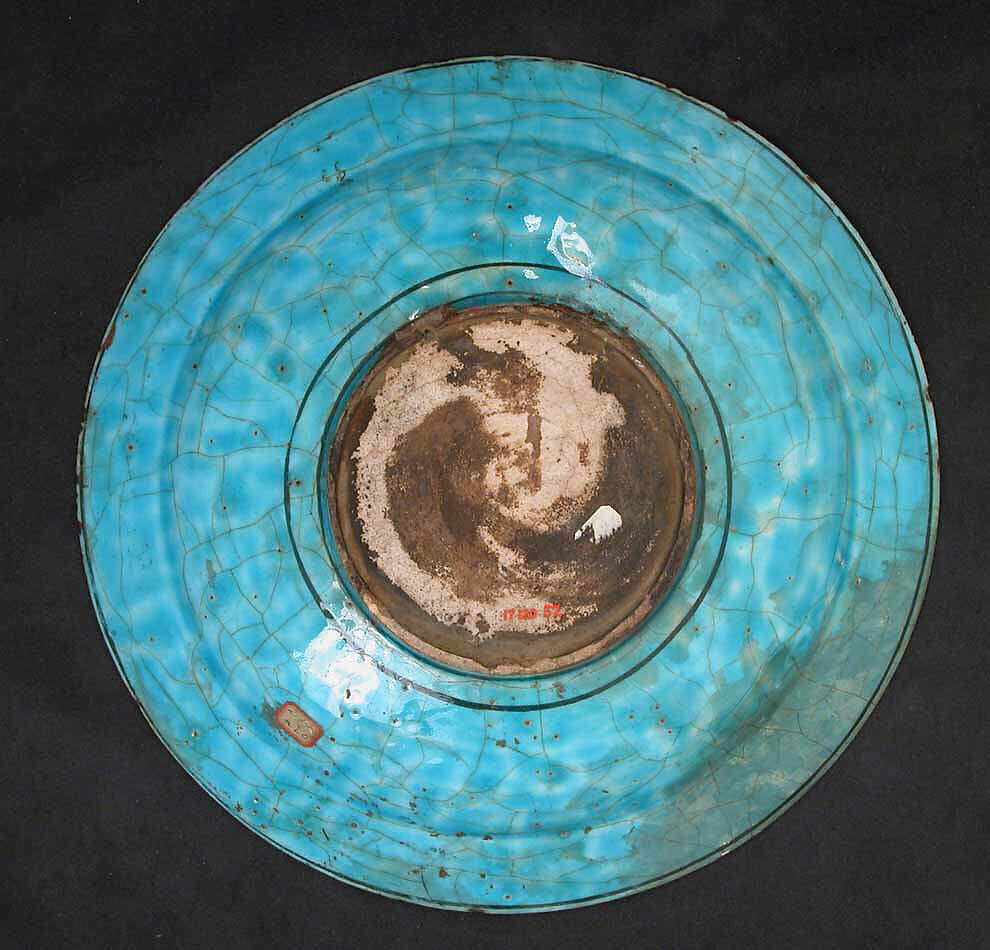 Dish, Stonepaste; painted in black under a turquoise glaze