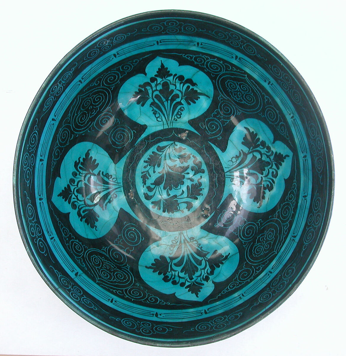 Bowl, Stonepaste; painted in black under turquoise glaze, incised (Kubachi ware) 