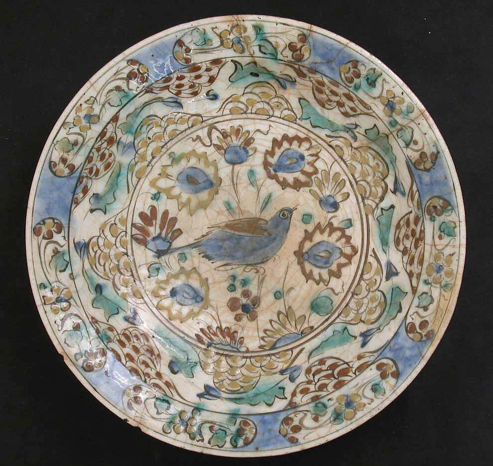 Dish, Stonepaste; polychrome and slip painted under transparent glaze 