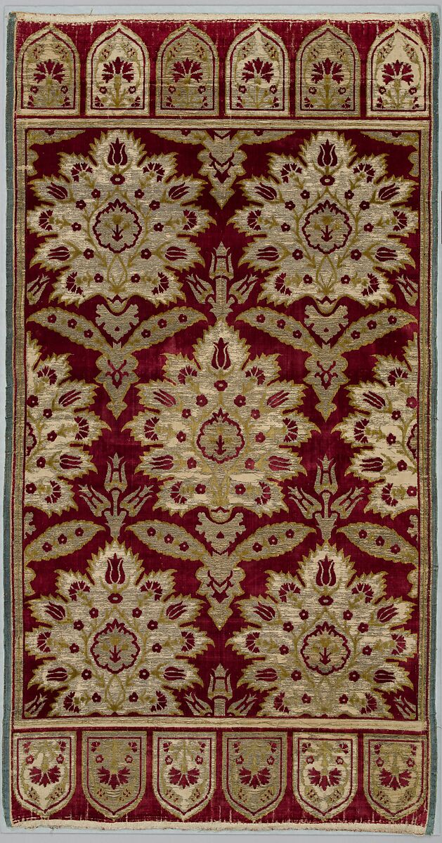 Yastik Cushion Cover, Silk, cotton, metal wrapped thread; cut and voided velvet (çatma), brocaded 