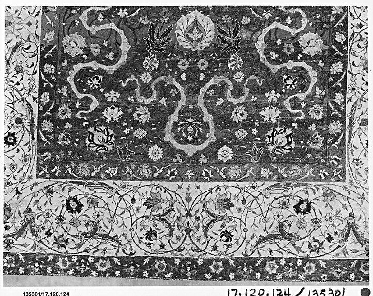 Carpet, Silk (warp and weft), wool (pile), metal wrapped thread; asymmetricaly knotted thread, brocaded