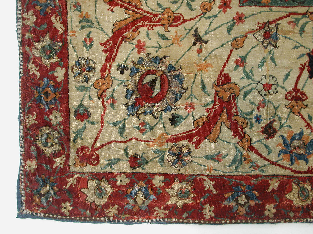 Carpet, Silk (warp and weft), wool (pile), metal wrapped thread; asymmetricaly knotted thread, brocaded