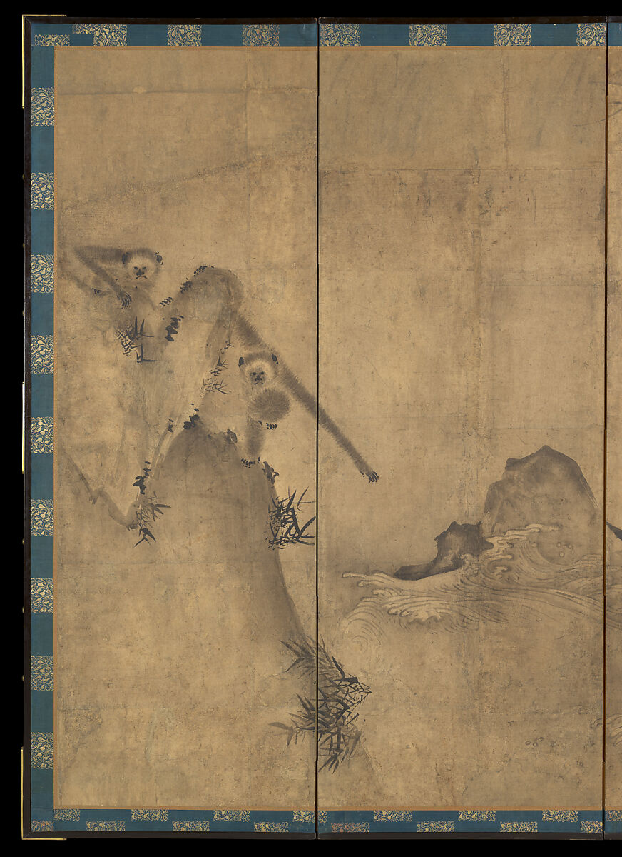 Gibbons in a Landscape, Sesson Shūkei 雪村周継 (ca. 1504–ca. 1589), Pair of six-panel screens; ink on paper, Japan