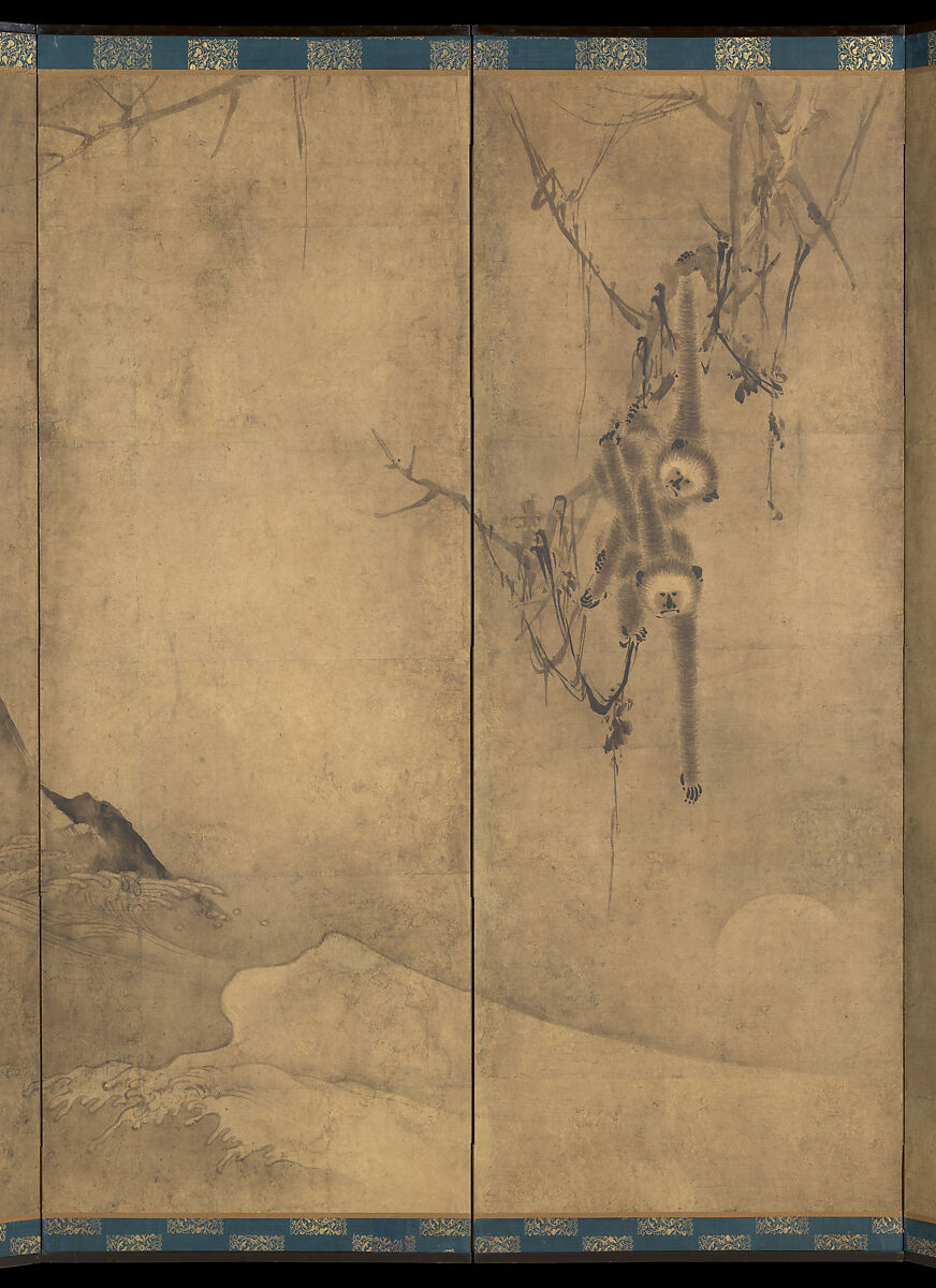 Gibbons in a Landscape, Sesson Shūkei 雪村周継 (ca. 1504–ca. 1589), Pair of six-panel screens; ink on paper, Japan