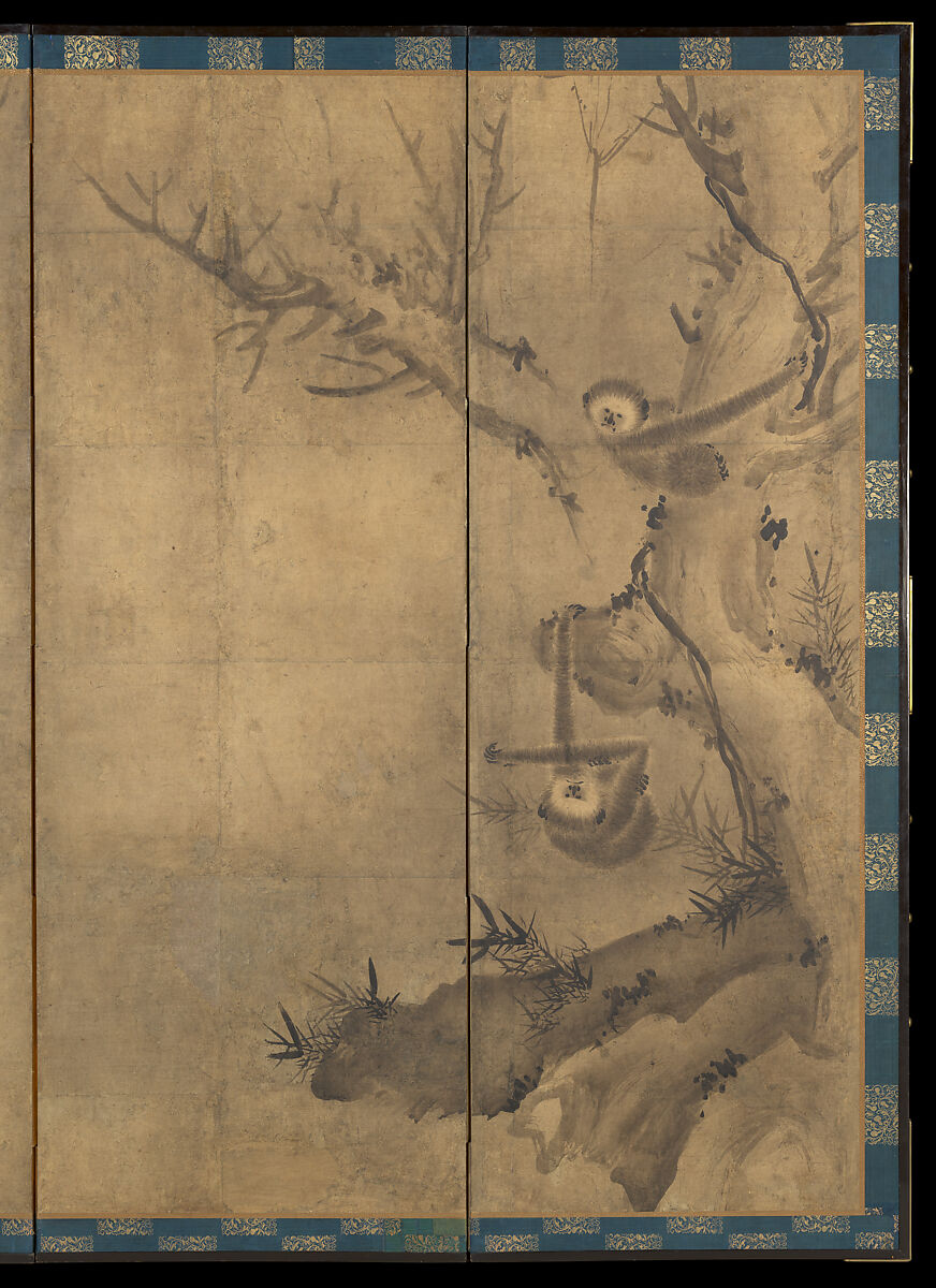Gibbons in a Landscape, Sesson Shūkei 雪村周継 (ca. 1504–ca. 1589), Pair of six-panel screens; ink on paper, Japan