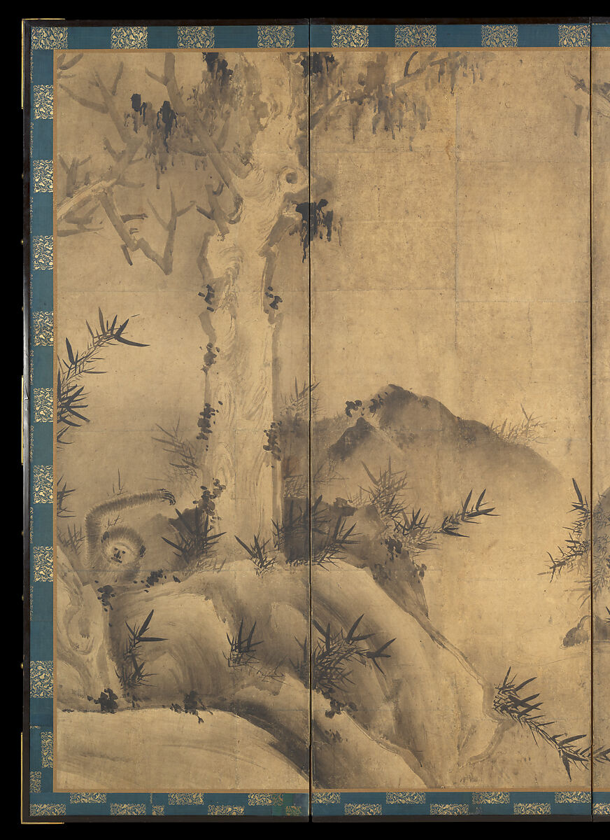 Gibbons in a Landscape, Sesson Shūkei 雪村周継 (ca. 1504–ca. 1589), Pair of six-panel screens; ink on paper, Japan