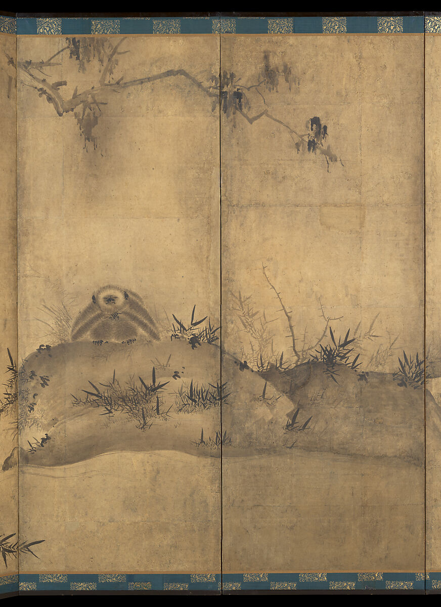 Gibbons in a Landscape, Sesson Shūkei 雪村周継 (ca. 1504–ca. 1589), Pair of six-panel screens; ink on paper, Japan