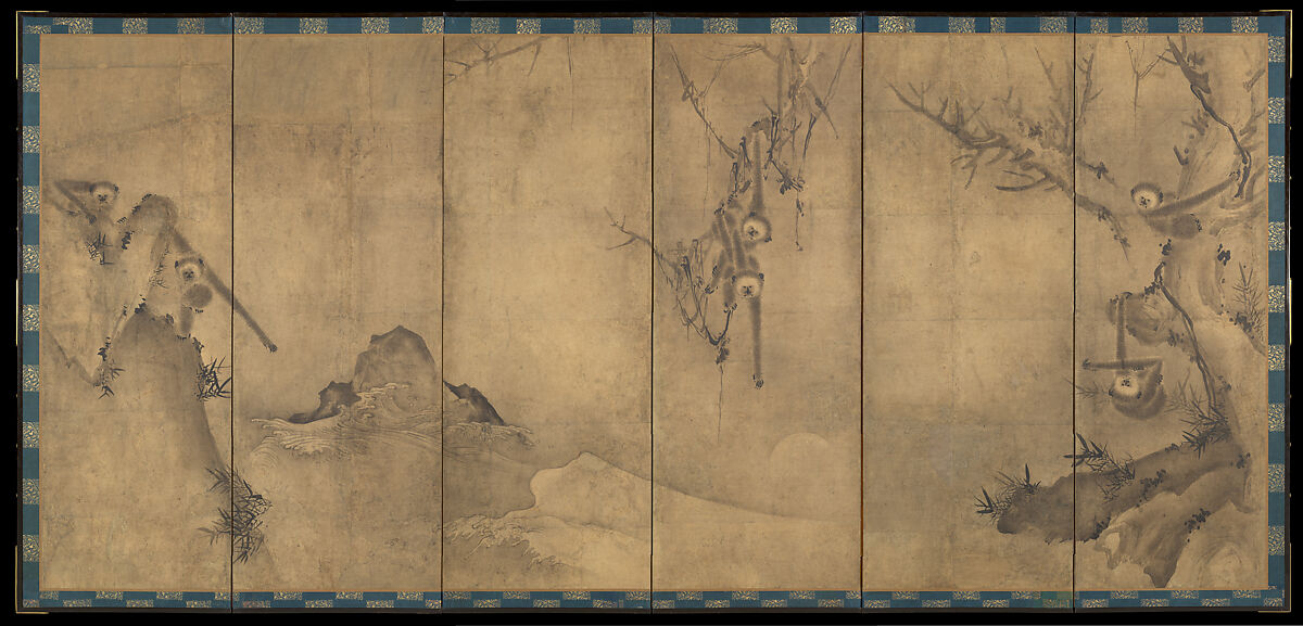 Gibbons in a Landscape, Sesson Shūkei 雪村周継  Japanese, Pair of six-panel screens; ink on paper, Japan