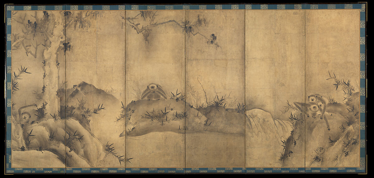 Gibbons in a Landscape, Sesson Shūkei 雪村周継 (ca. 1504–ca. 1589), Pair of six-panel screens; ink on paper, Japan