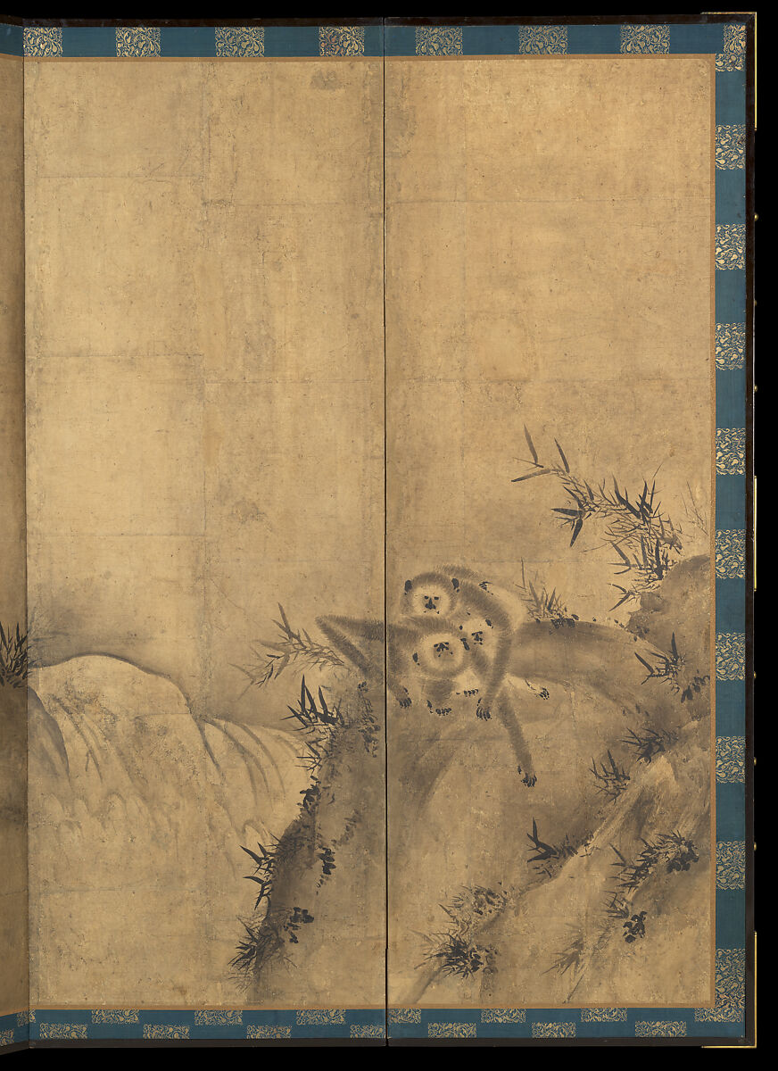 Gibbons in a Landscape, Sesson Shūkei 雪村周継 (ca. 1504–ca. 1589), Pair of six-panel screens; ink on paper, Japan