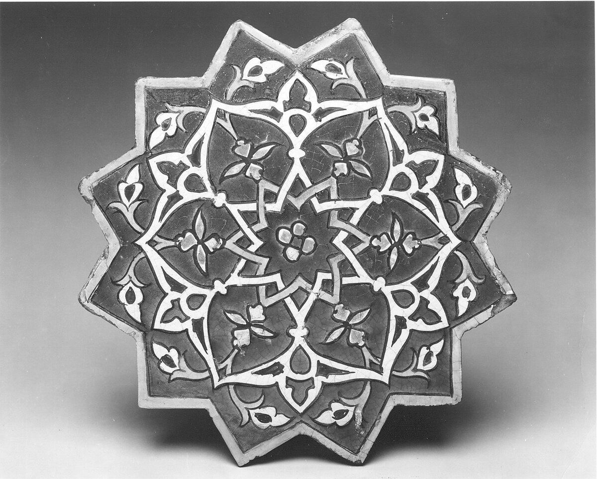 Twelve-Pointed Star-Shaped Tile, Stonepaste; polychrome glaze within black wax resist outlines (cuerda seca technique)