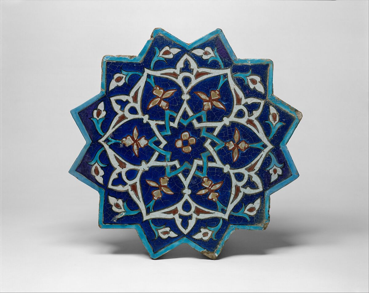 Twelve-Pointed Star-Shaped Tile, Stonepaste; polychrome glaze within black wax resist outlines (cuerda seca technique)