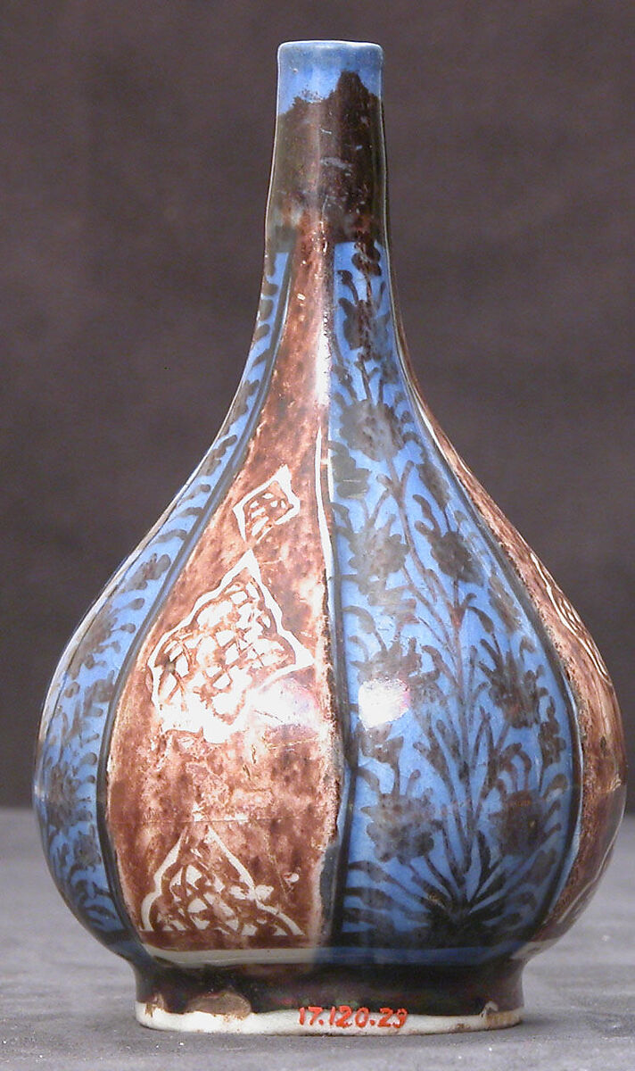 Bottle, Stonepaste; luster-painted on opaque white and blue glaze under transparent colorless glaze 
