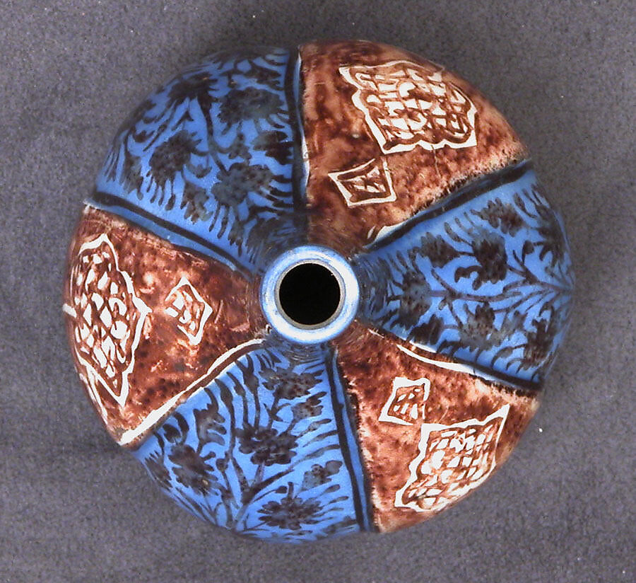 Bottle, Stonepaste; luster-painted on opaque white and blue glaze under transparent colorless glaze