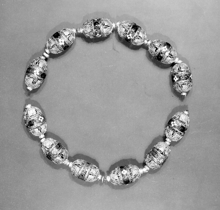 Beads from a Necklace, Gold, cloisonné enamel, pearls; filigree