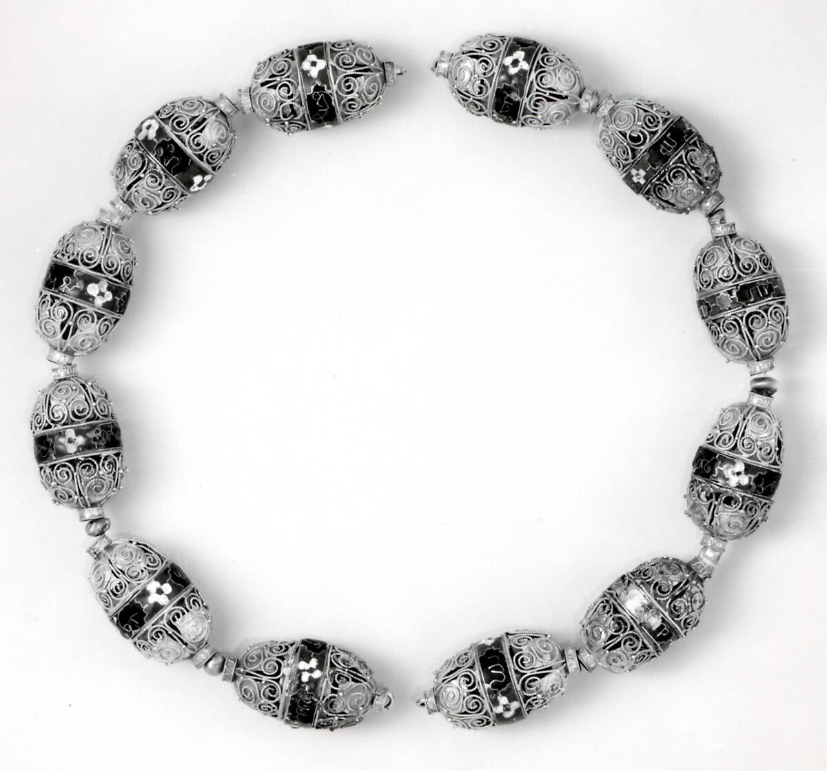 Beads from a Necklace, Gold, cloisonné enamel, pearls; filigree