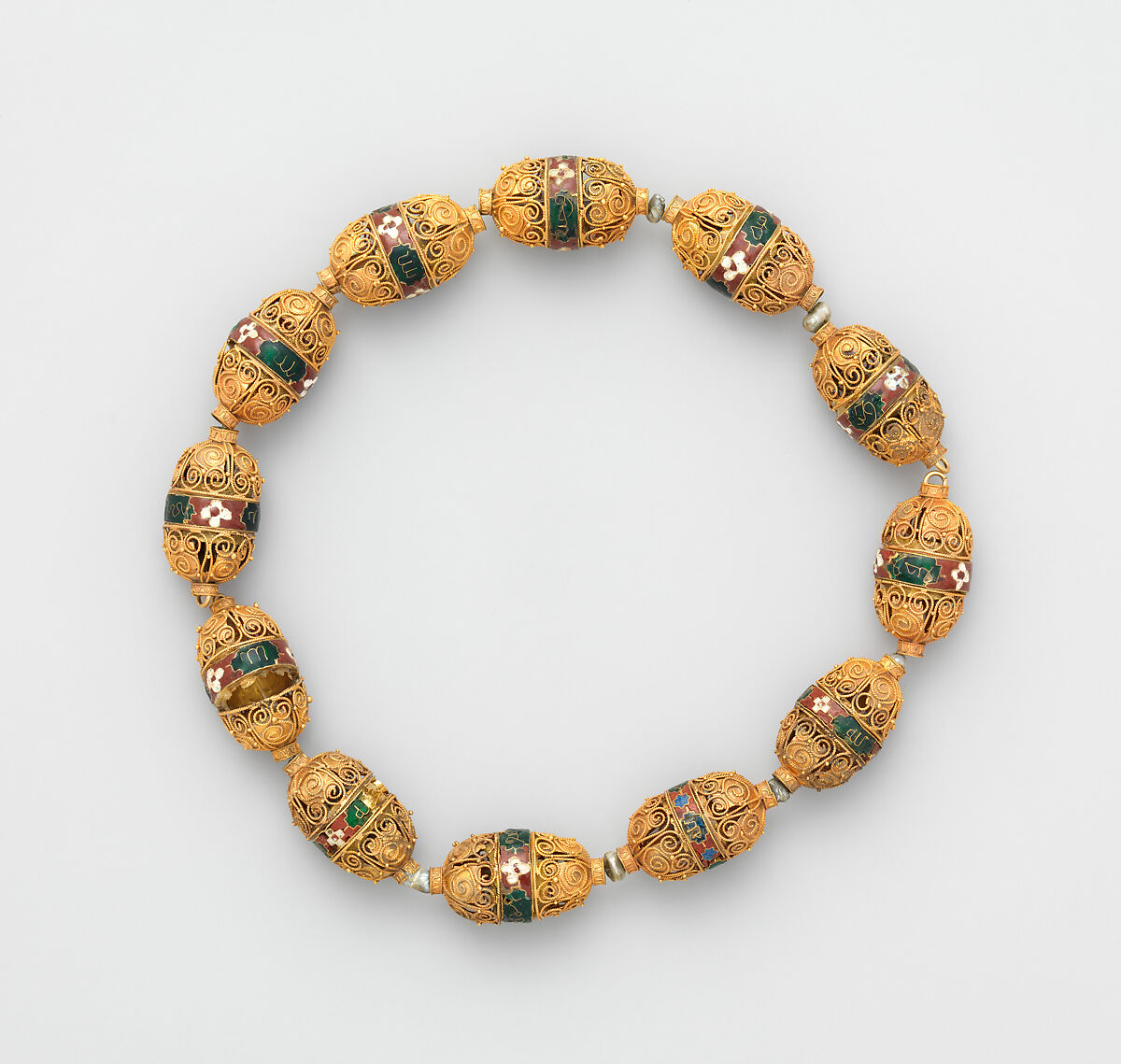 Beads, Gold, cloisonné enamel, pearls; filigree 