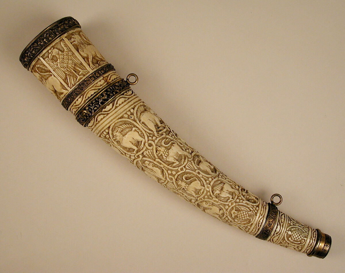 Oliphant, Ivory; carved, gilded silver and bronze mounts