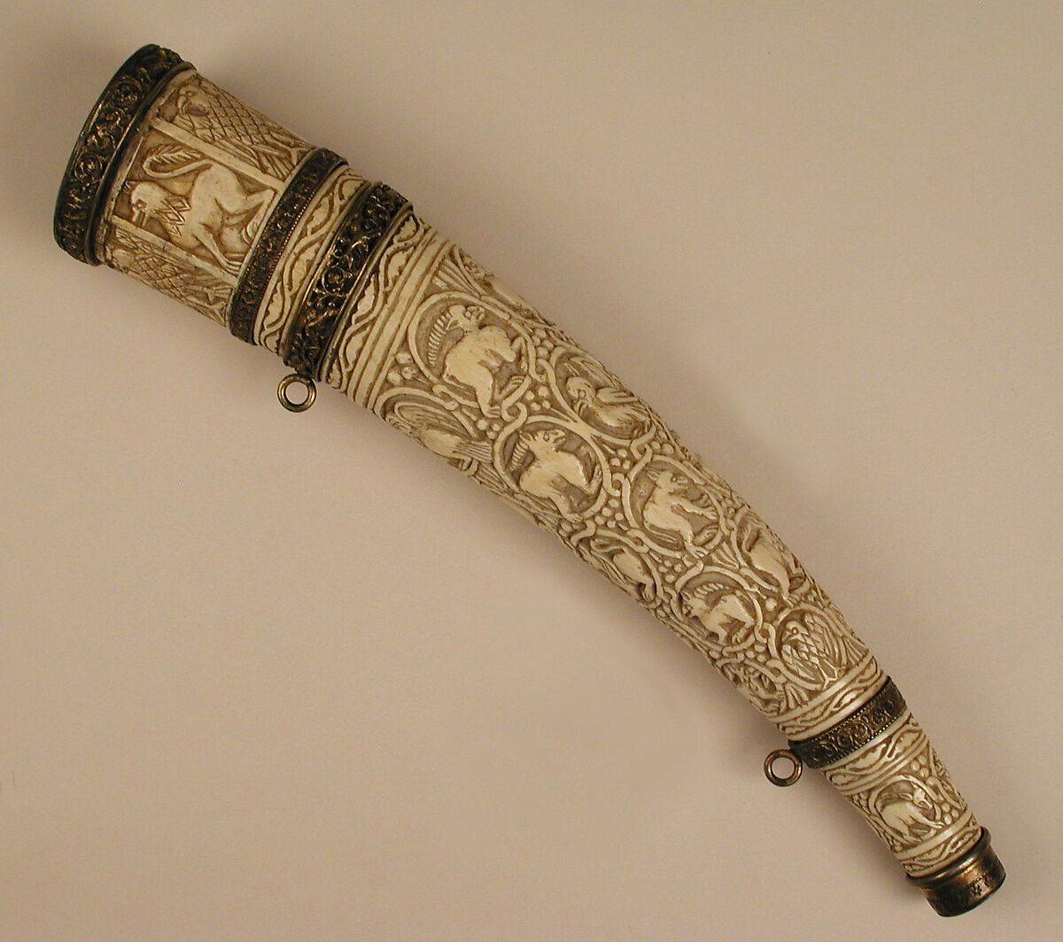 Oliphant, Ivory; carved, gilded silver and bronze mounts