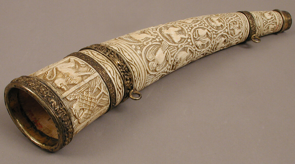 Oliphant, Ivory; carved, gilded silver and bronze mounts
