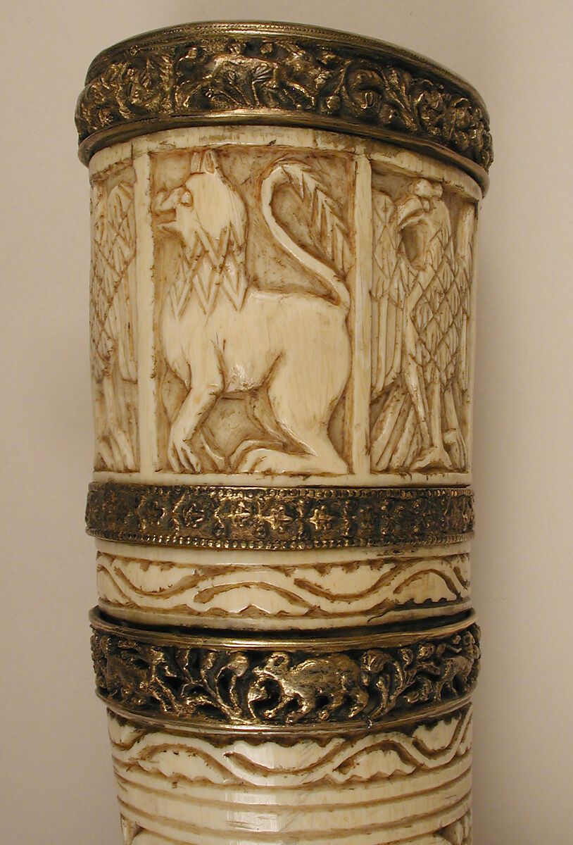 Oliphant, Ivory; carved, gilded silver and bronze mounts