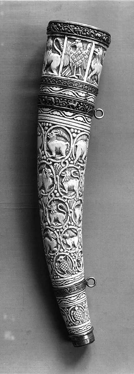 Oliphant, Ivory; carved, gilded silver and bronze mounts