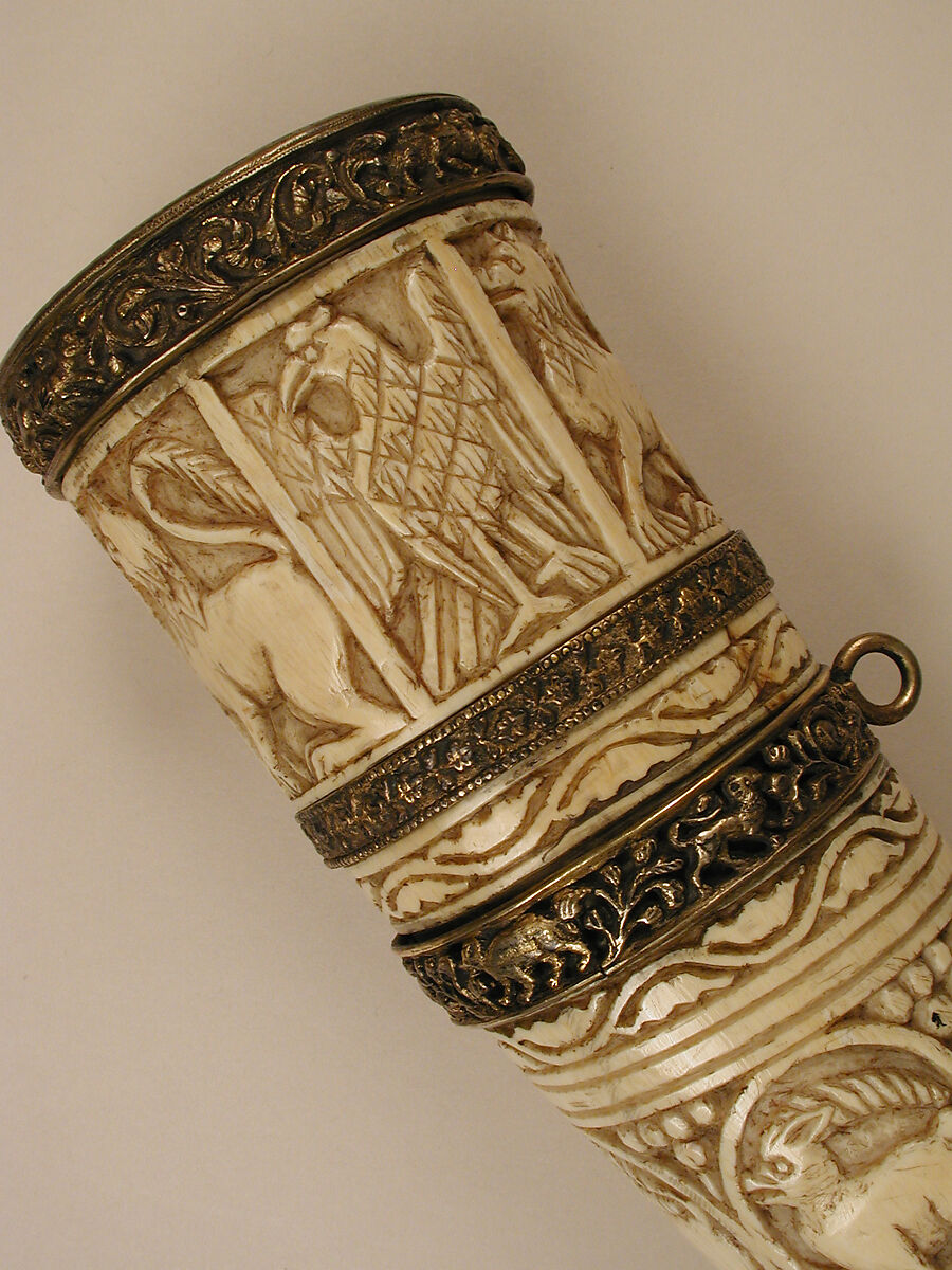 Oliphant, Ivory; carved, gilded silver and bronze mounts