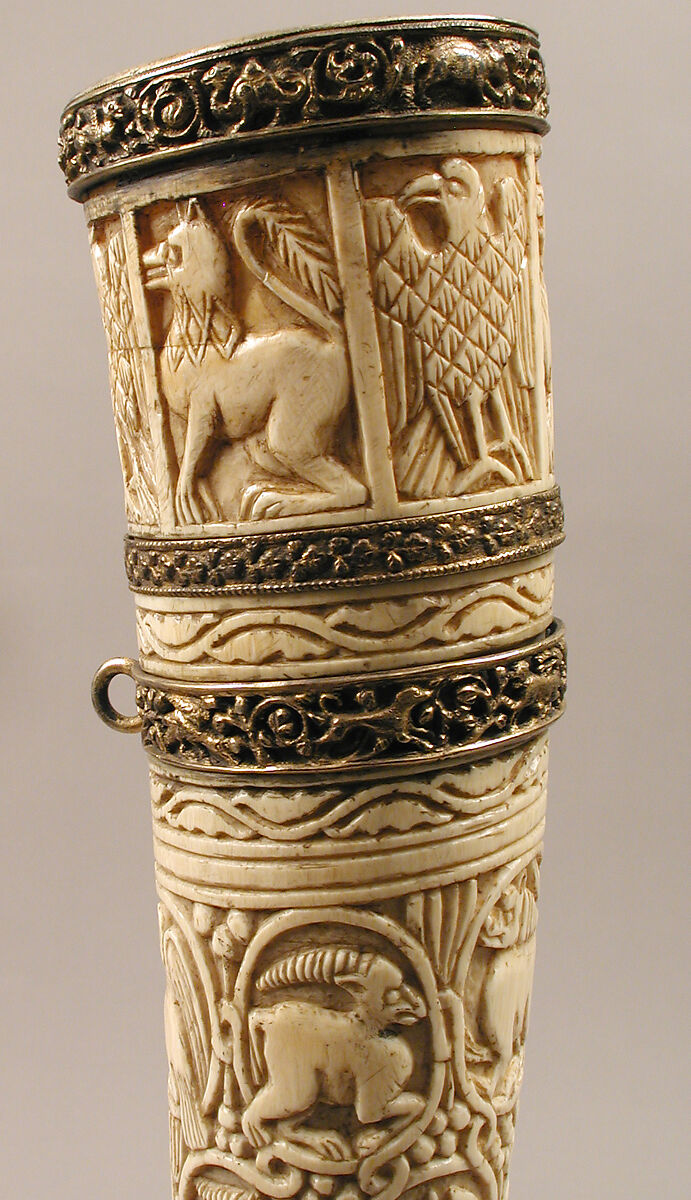 Oliphant, Ivory; carved, gilded silver and bronze mounts