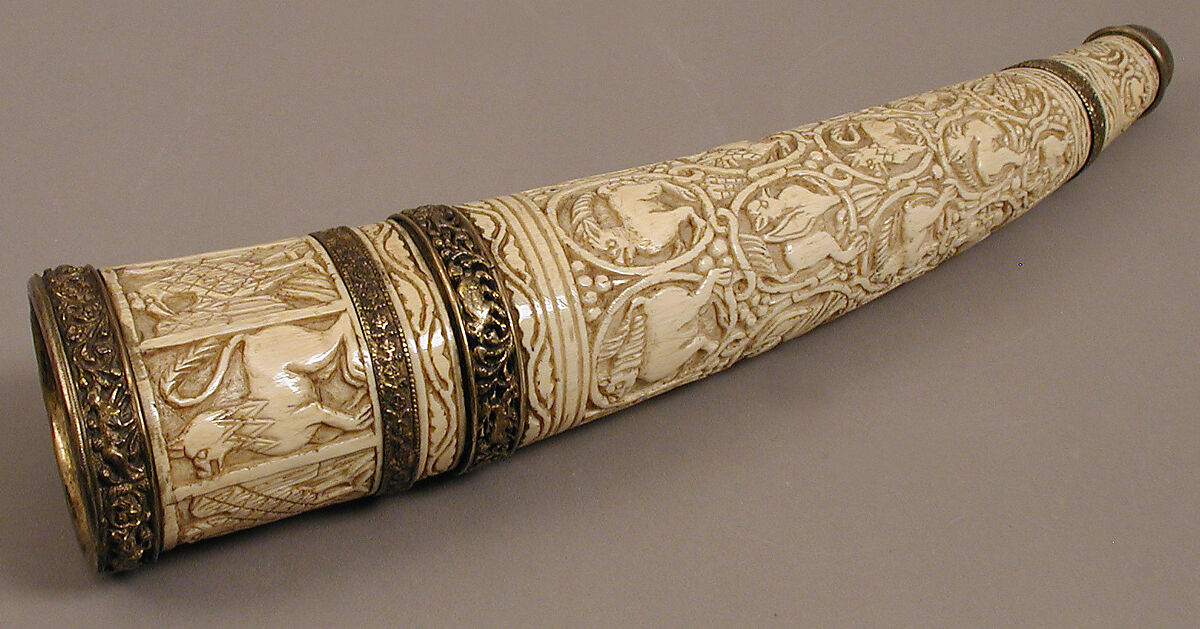 Oliphant, Ivory; carved, gilded silver and bronze mounts