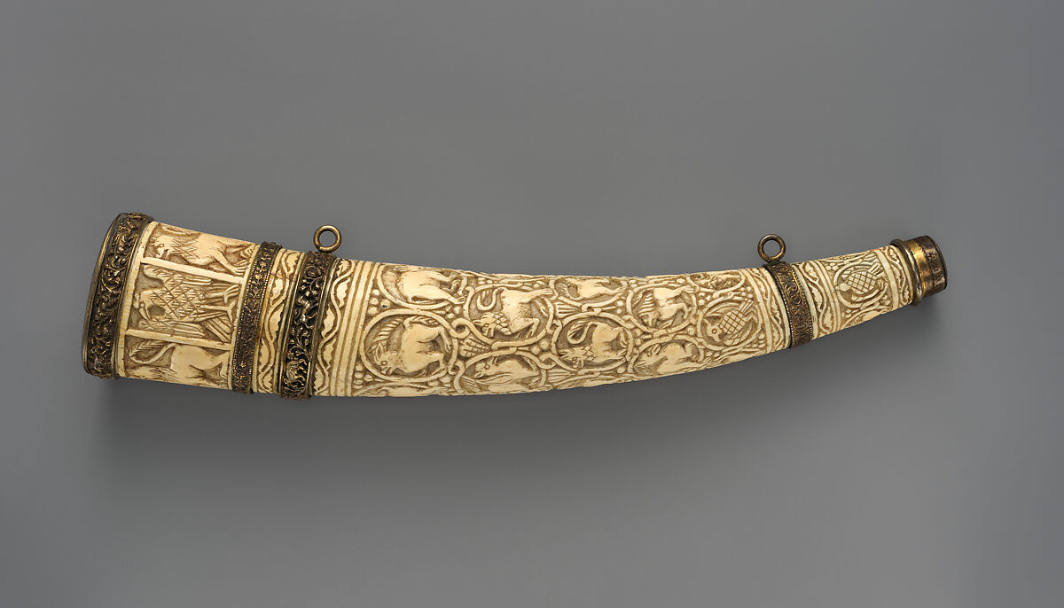 Oliphant, Ivory; carved, gilded silver and bronze mounts 