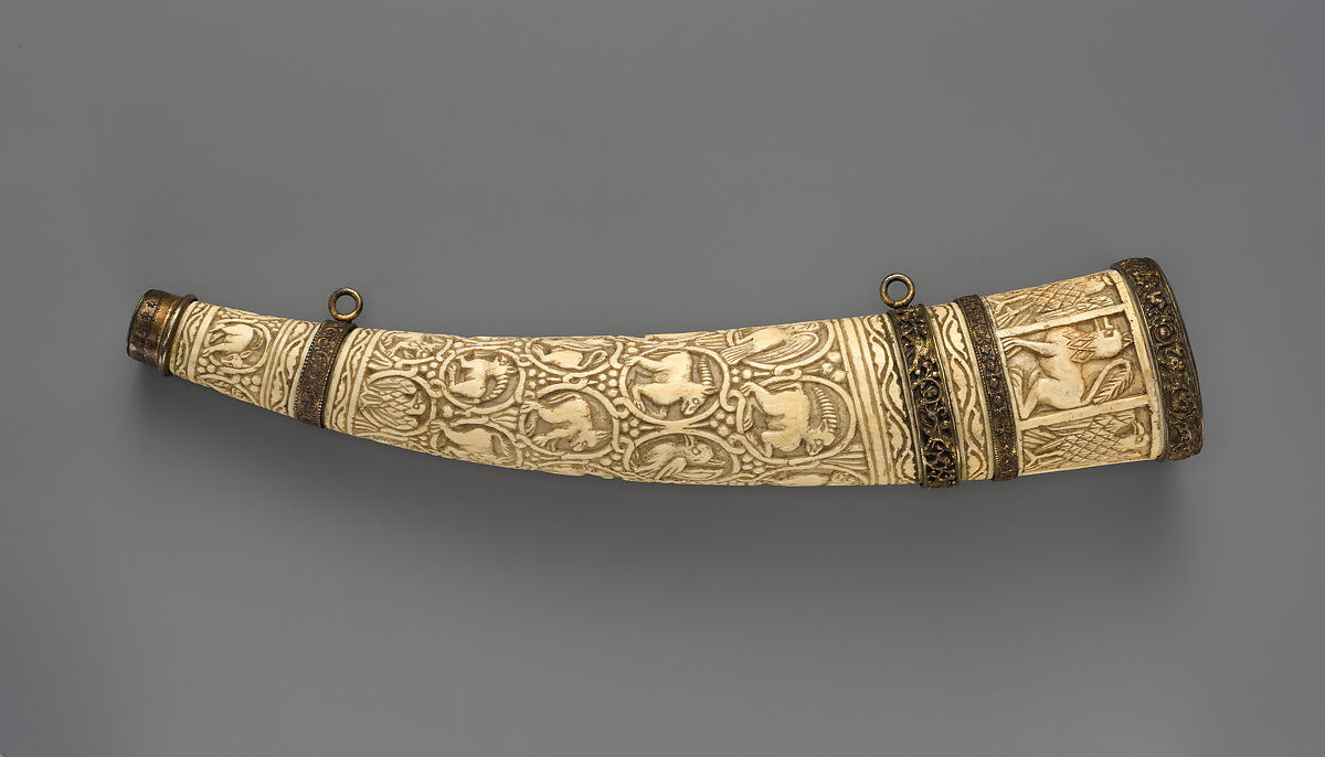 Oliphant, Ivory; carved, gilded silver and bronze mounts