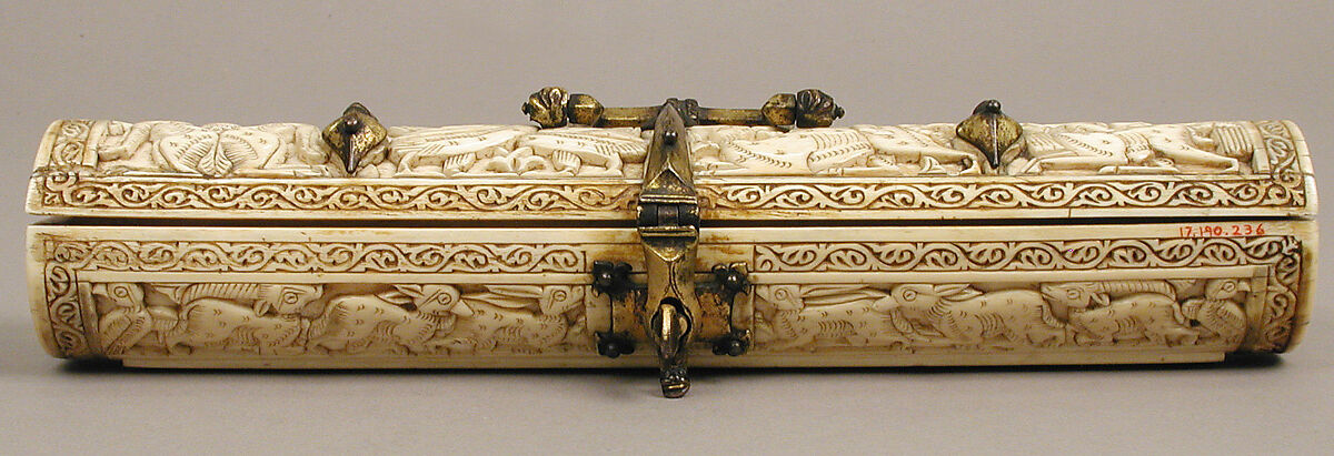 Pen Box, Ivory; carved; copper alloy mounts