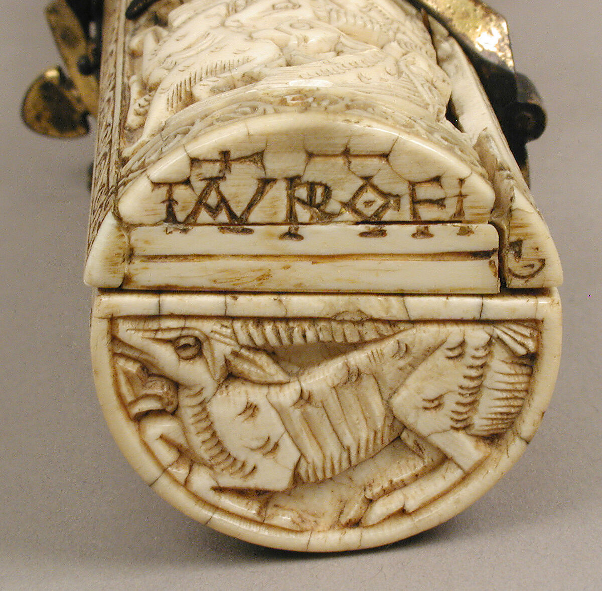 Pen Box, Ivory; carved; copper alloy mounts