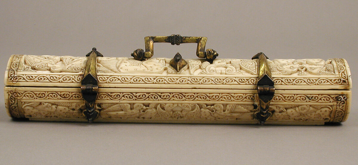 Pen Box, Ivory; carved; copper alloy mounts