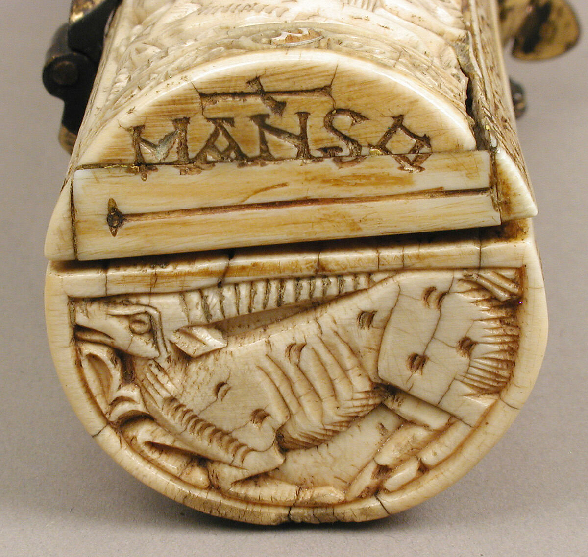 Pen Box, Ivory; carved; copper alloy mounts