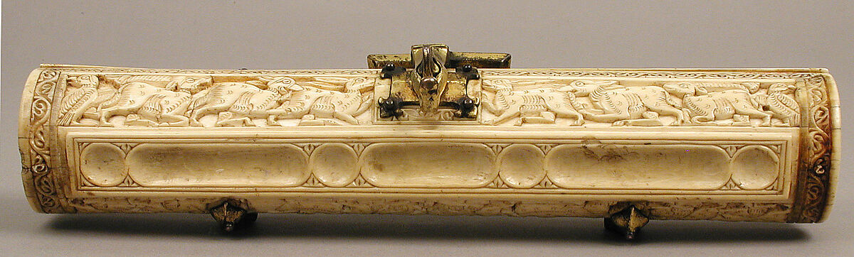 Pen Box, Ivory; carved; copper alloy mounts