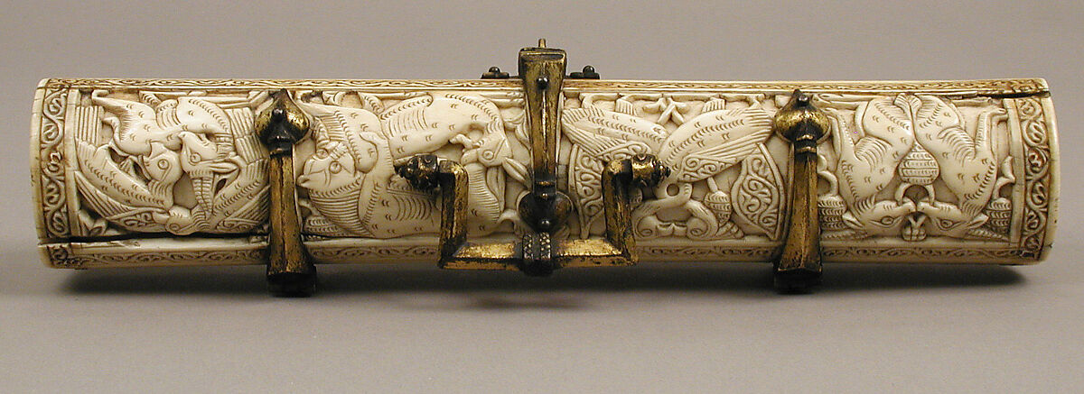 Pen Box, Ivory; carved; copper alloy mounts