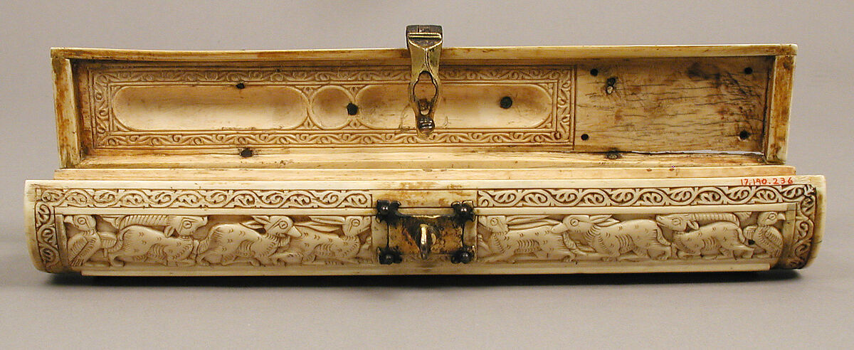 Pen Box, Ivory; carved; copper alloy mounts