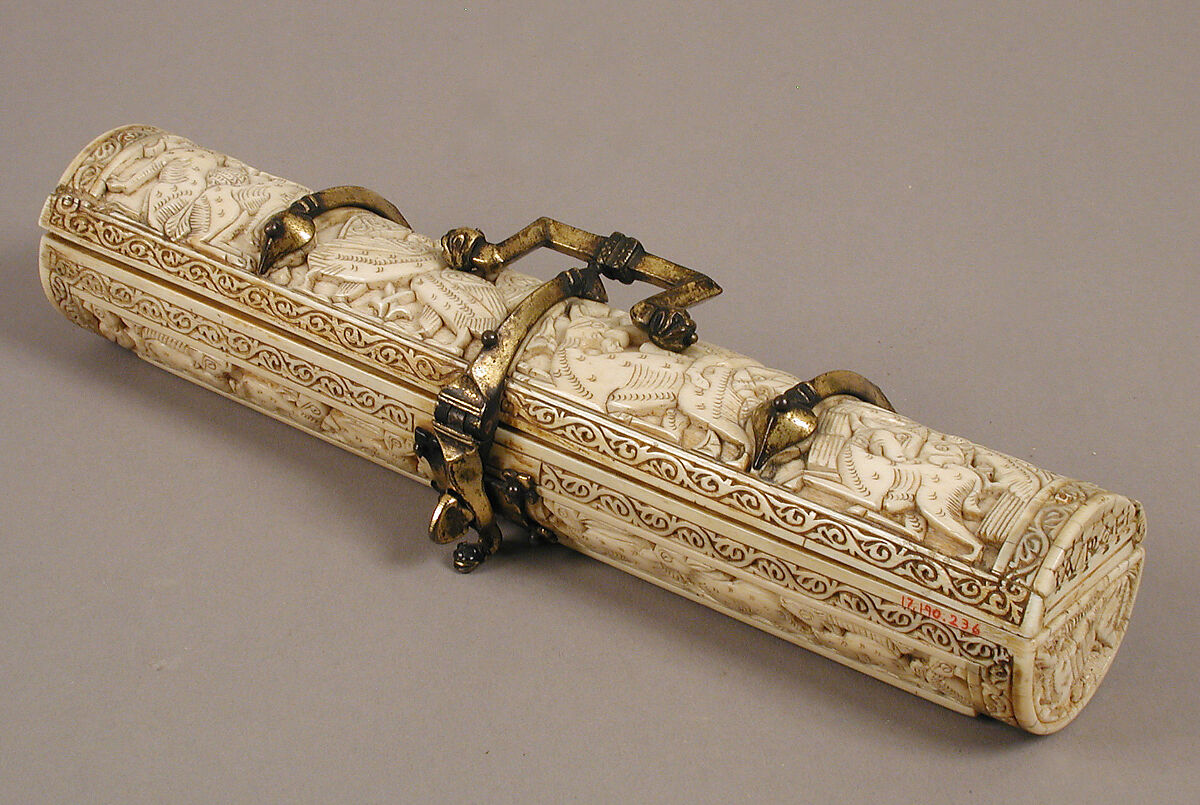 Pen Box, Ivory; carved; copper alloy mounts