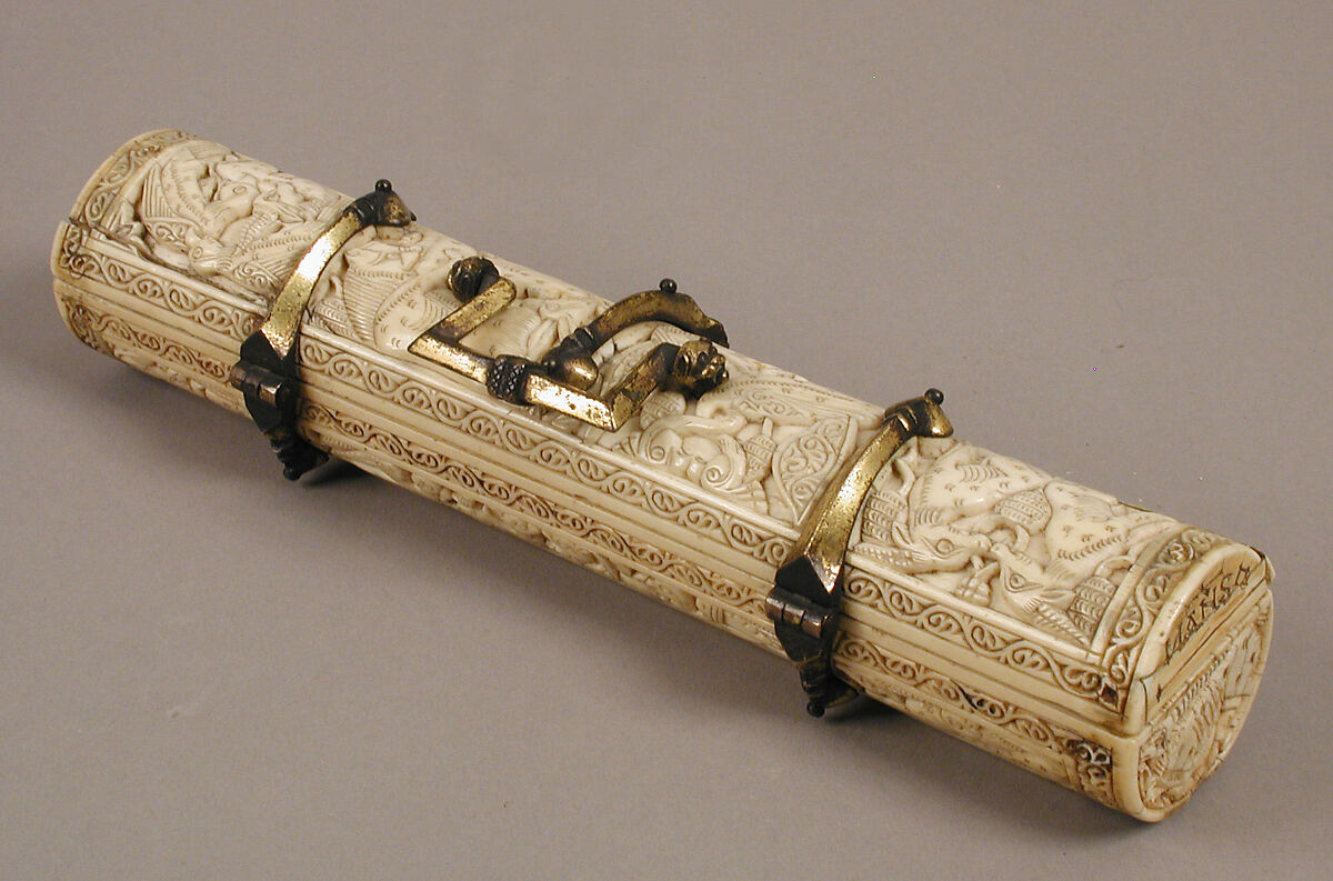 Pen Box, Ivory; carved; copper alloy mounts 