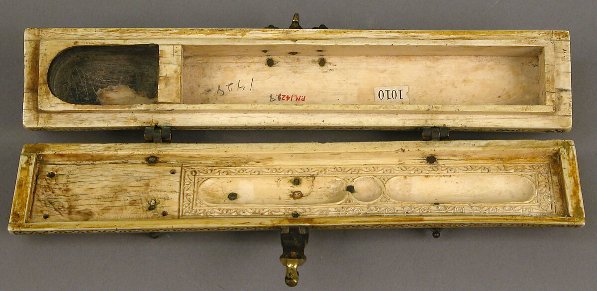 Pen Box, Ivory; carved; copper alloy mounts