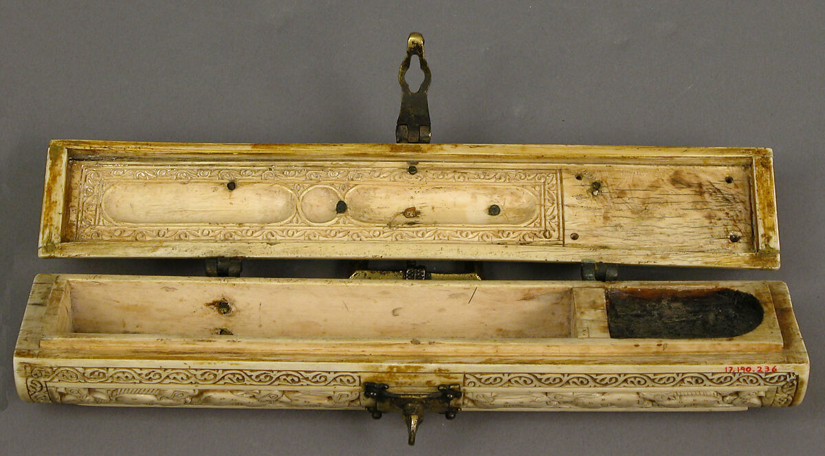 Pen Box, Ivory; carved; copper alloy mounts