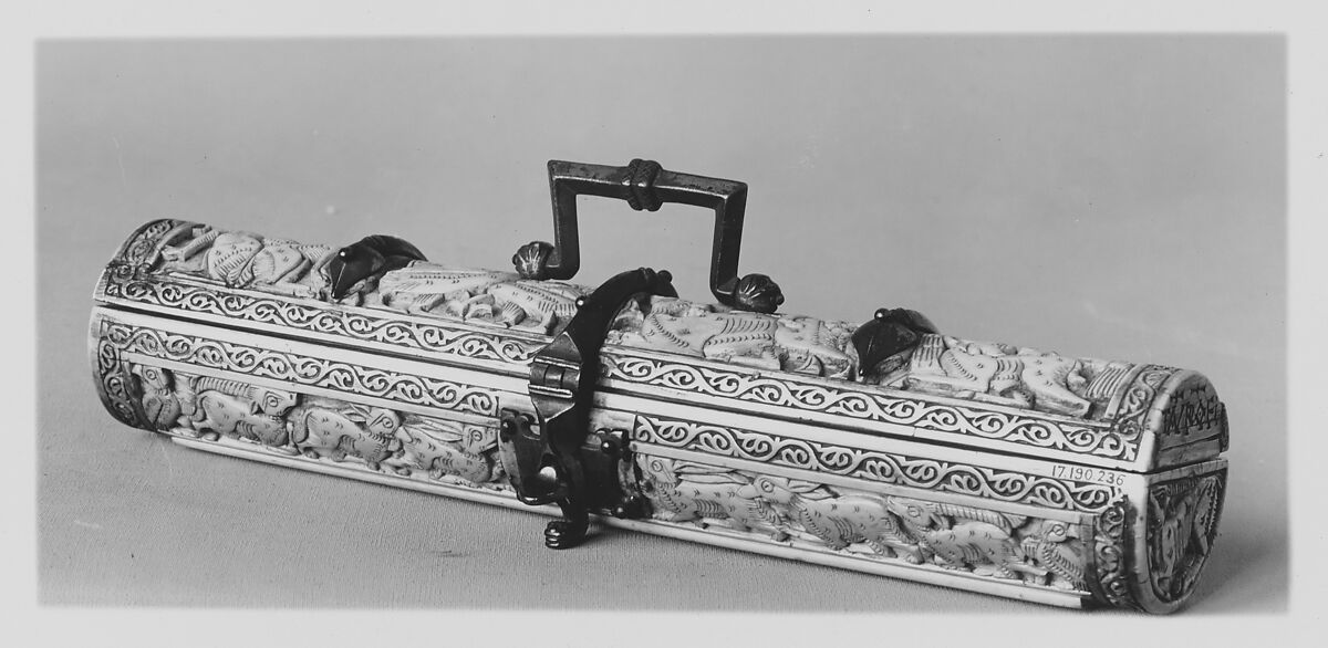 Pen Box, Ivory; carved; copper alloy mounts