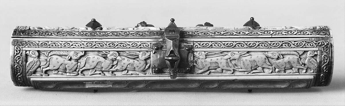 Pen Box, Ivory; carved; copper alloy mounts