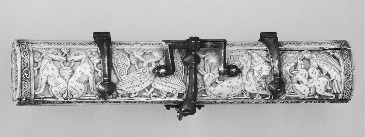 Pen Box, Ivory; carved; copper alloy mounts