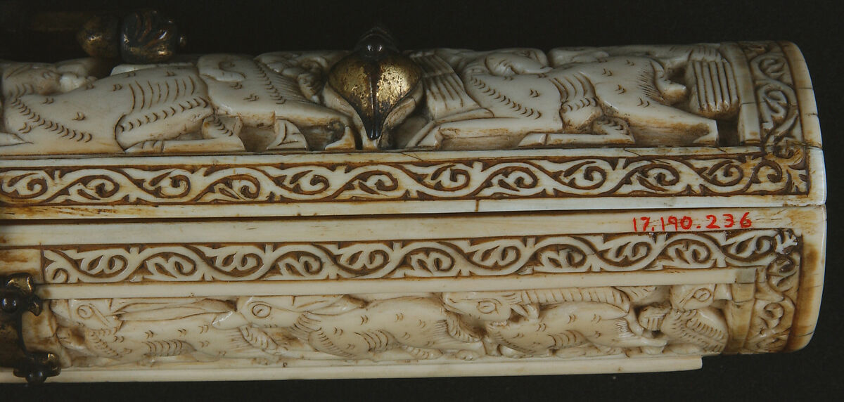Pen Box, Ivory; carved; copper alloy mounts