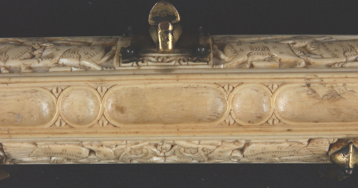 Pen Box, Ivory; carved; copper alloy mounts